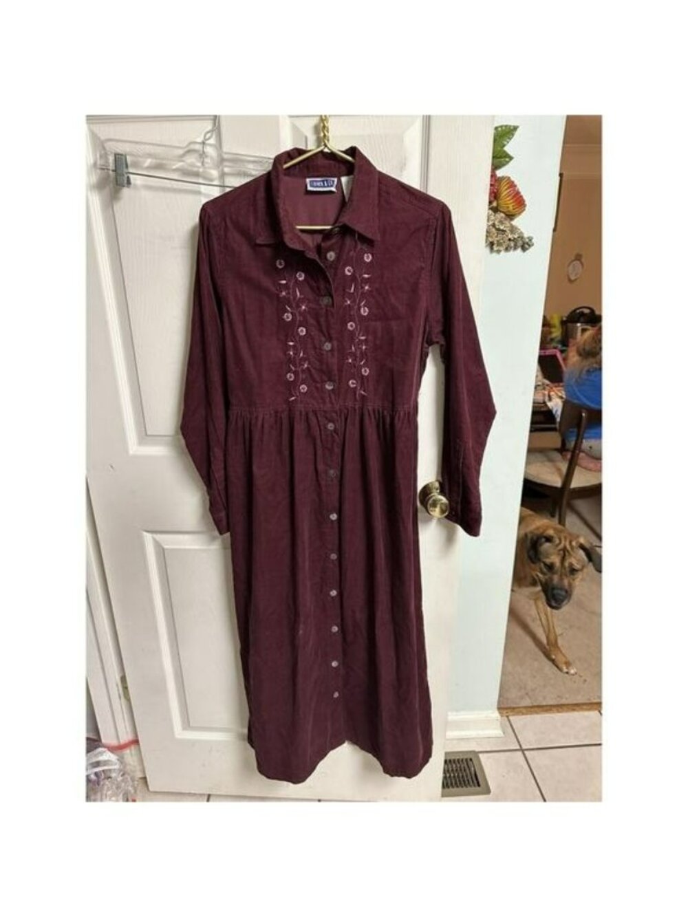 90s Erika Co Maxi Dress Small Prairie Floral Tie Corduroy Red Modest Country